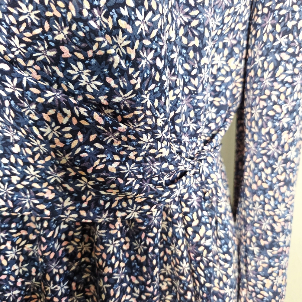 Banana Republic Blue & Pink Floral Ruffle-Neck Dress, Ties on the Side, Size 14 - Picture 6 of 15
